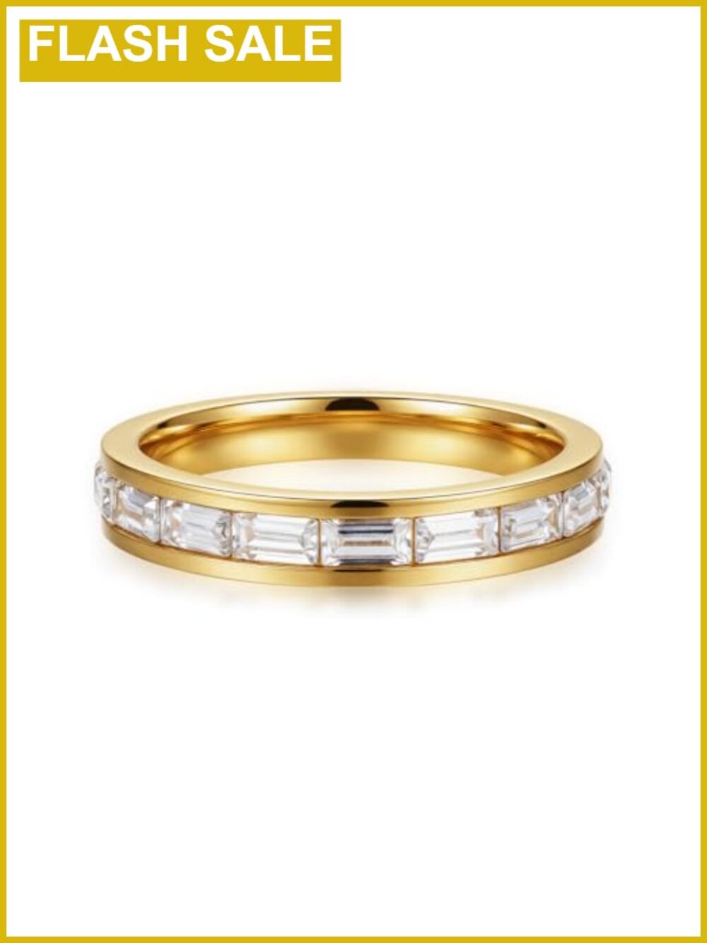 Emerald Cut Cubic Zirconia Eternity Band Ring 18K Gold Plated Stainless Steel